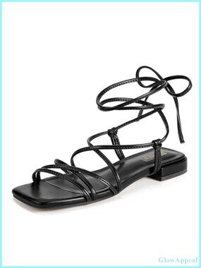 IDIFU Strappy Lace Up Square Toe Ankle Wrap Flat Sandals Women